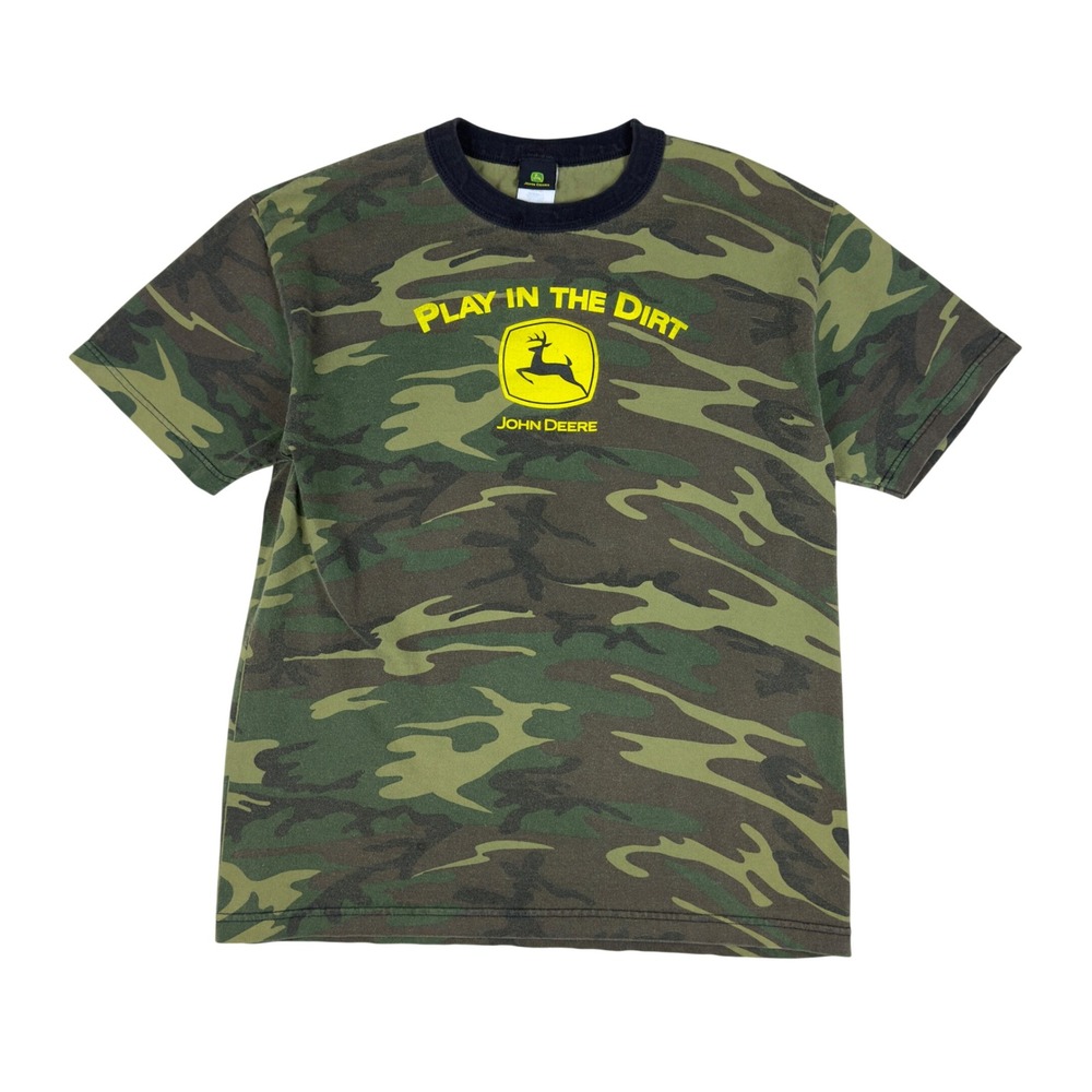 John Deere Play in the Dirt Camouflage T Shirt Men Large Green Yellow‎ Logo